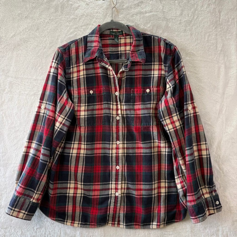 Lauren Jeans Co Ralph Lauren Womens 1X Plaid Flannel Shirt Cotton Red Green